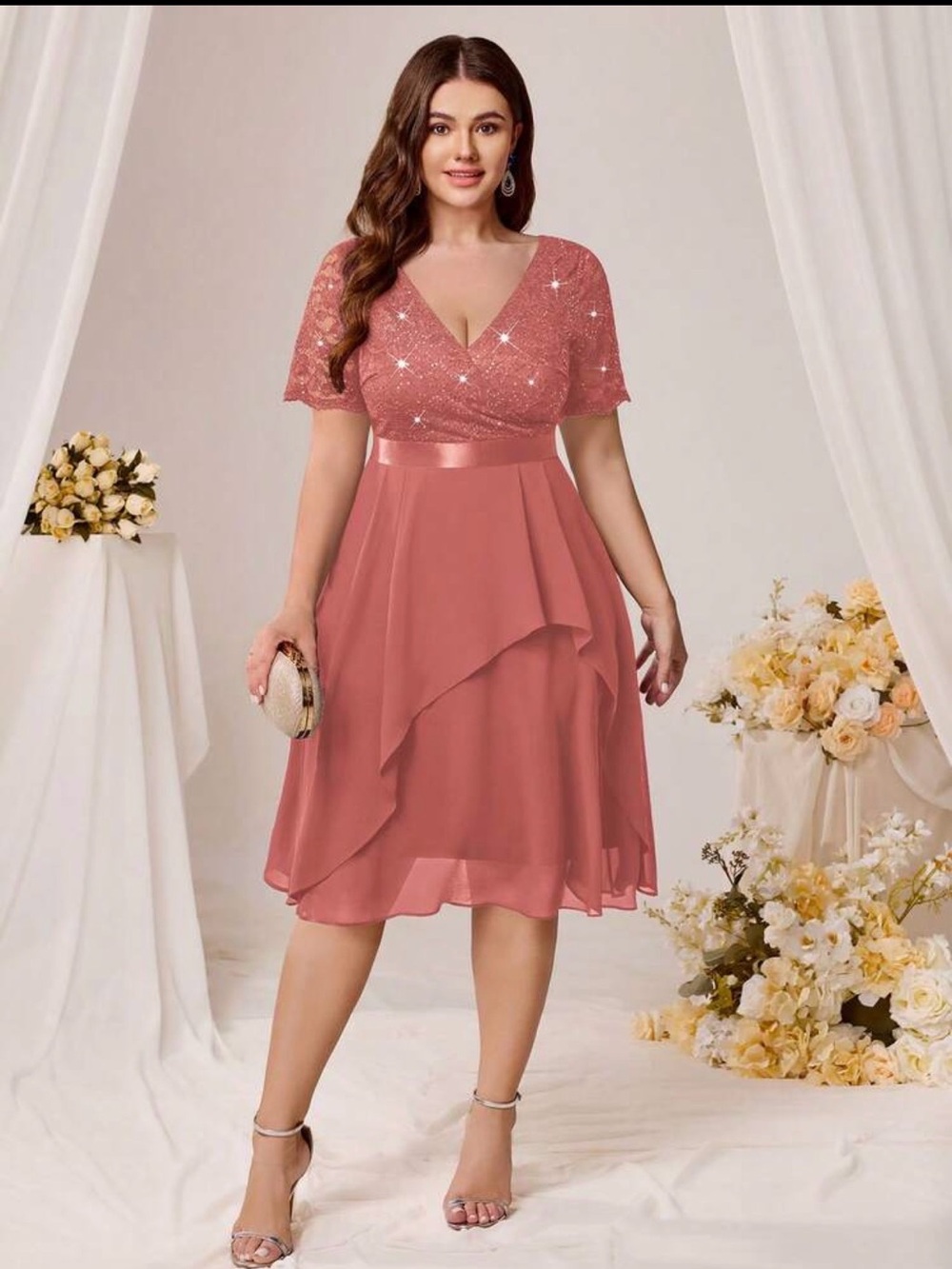 Elegant Dusty Rose V-Neck Cocktail Dress